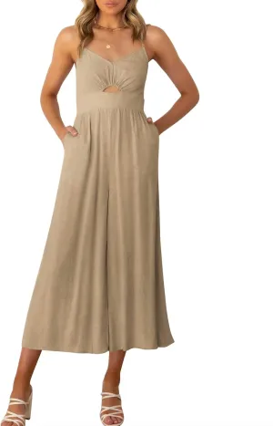 ANRABESS Womens Jumpsuit Summer Beach Vacation Romper 2025 V Neck Sleevelsee Spaghetti Strap Cutout Linen Wide Leg Clothes