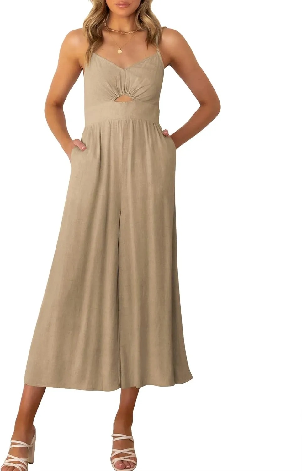 ANRABESS Womens Jumpsuit Summer Beach Vacation Romper 2025 V Neck Sleevelsee Spaghetti Strap Cutout Linen Wide Leg Clothes