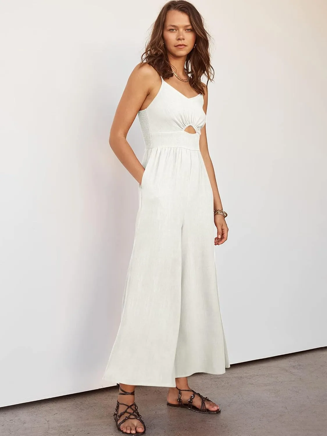 ANRABESS Womens Jumpsuit Summer Beach Vacation Romper 2025 V Neck Sleevelsee Spaghetti Strap Cutout Linen Wide Leg Clothes