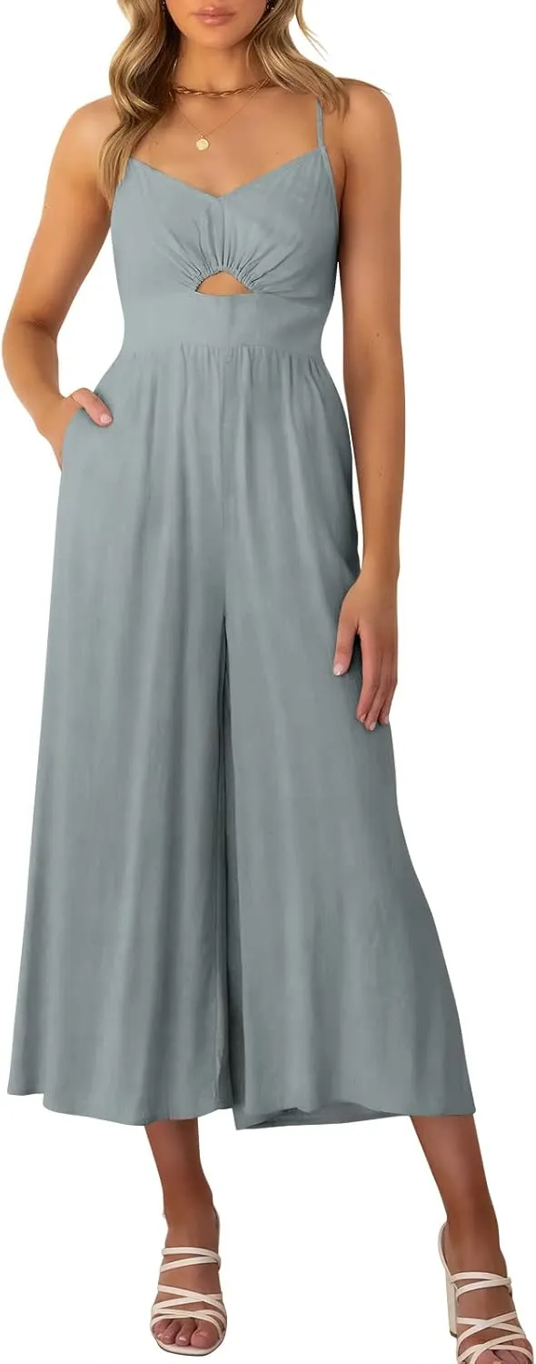 ANRABESS Womens Jumpsuit Summer Beach Vacation Romper 2025 V Neck Sleevelsee Spaghetti Strap Cutout Linen Wide Leg Clothes