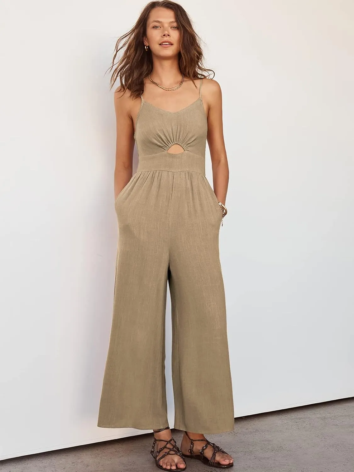 ANRABESS Womens Jumpsuit Summer Beach Vacation Romper 2025 V Neck Sleevelsee Spaghetti Strap Cutout Linen Wide Leg Clothes