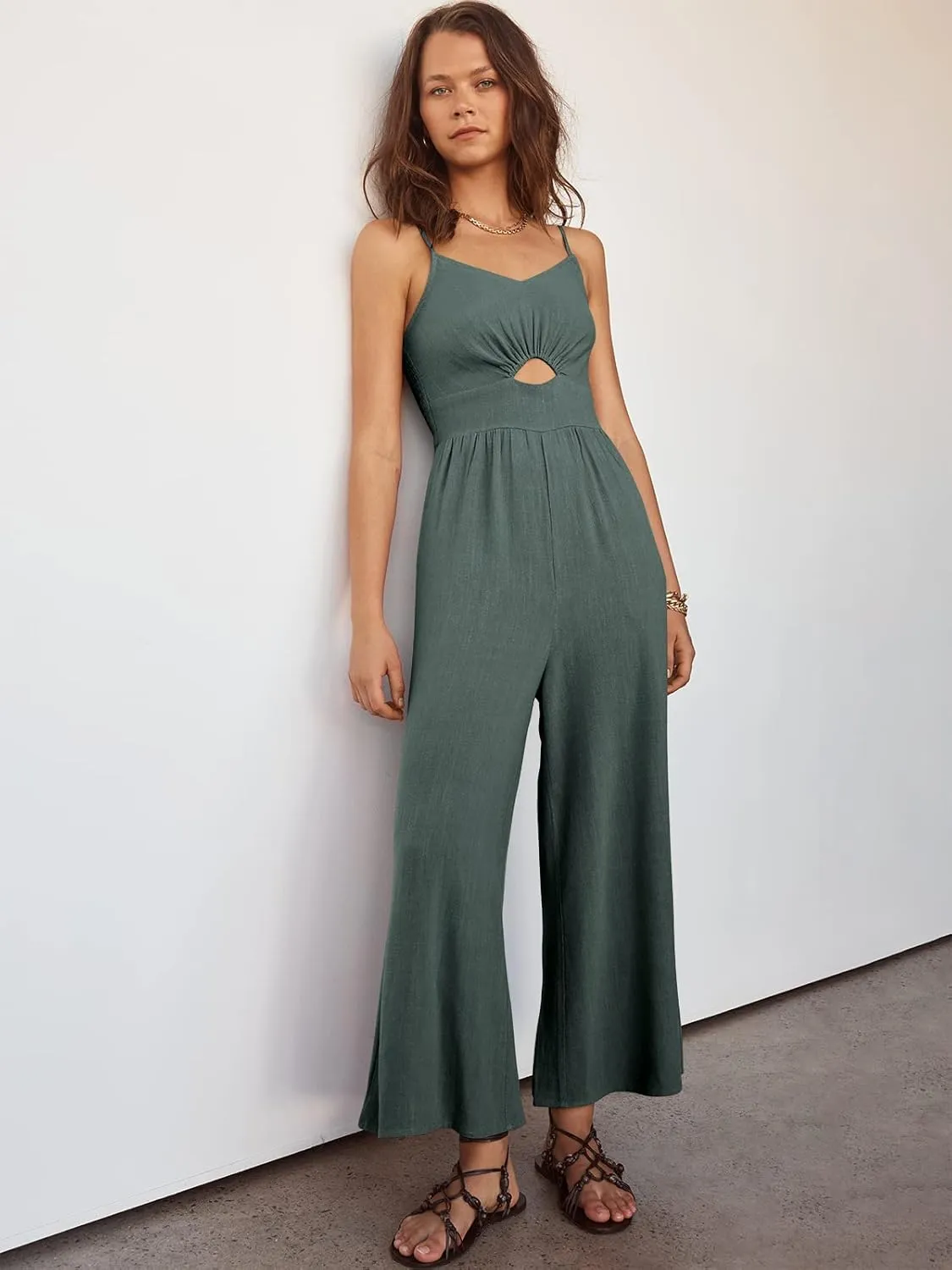 ANRABESS Womens Jumpsuit Summer Beach Vacation Romper 2025 V Neck Sleevelsee Spaghetti Strap Cutout Linen Wide Leg Clothes