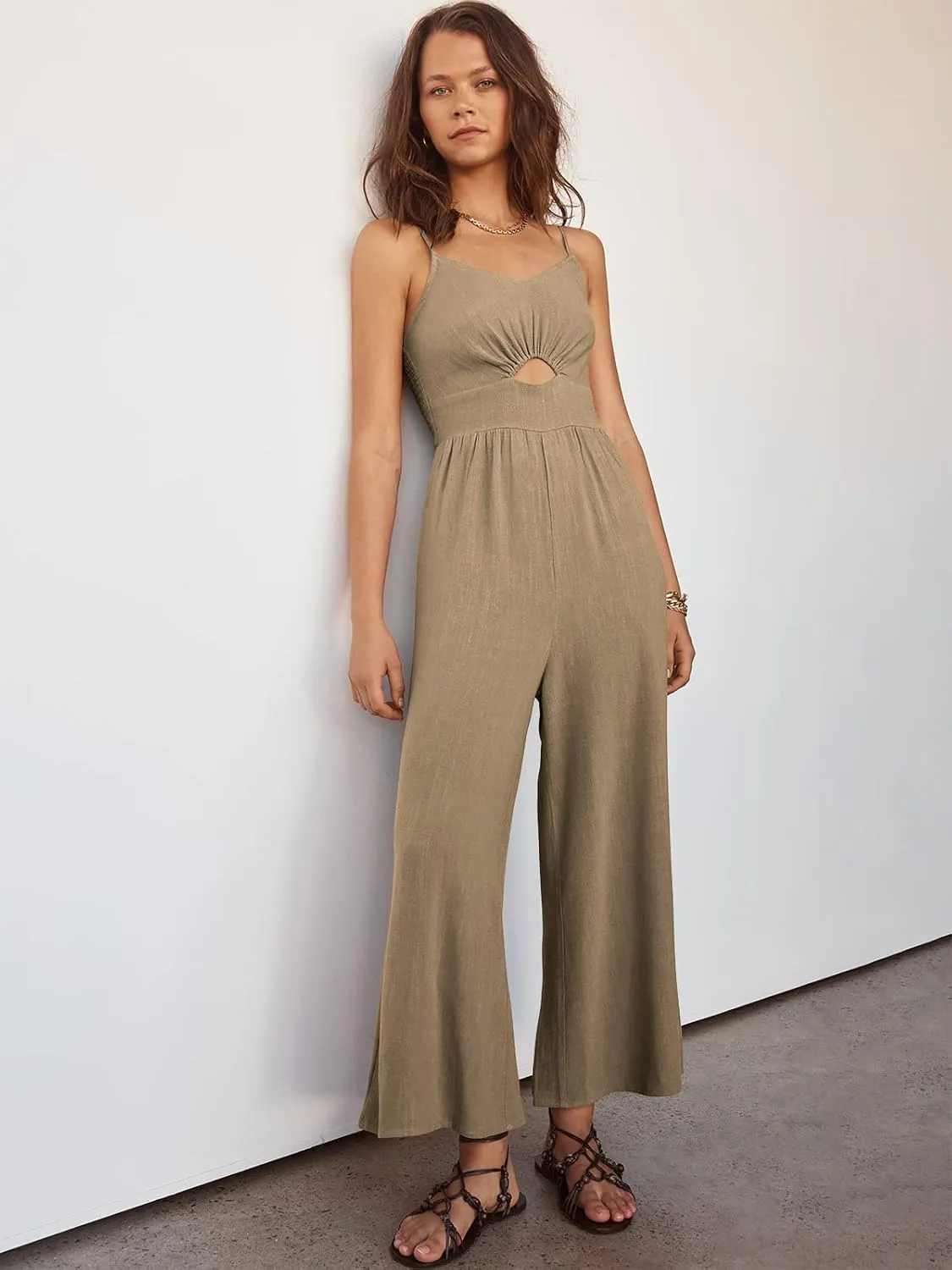 ANRABESS Womens Jumpsuit Summer Beach Vacation Romper 2025 V Neck Sleevelsee Spaghetti Strap Cutout Linen Wide Leg Clothes
