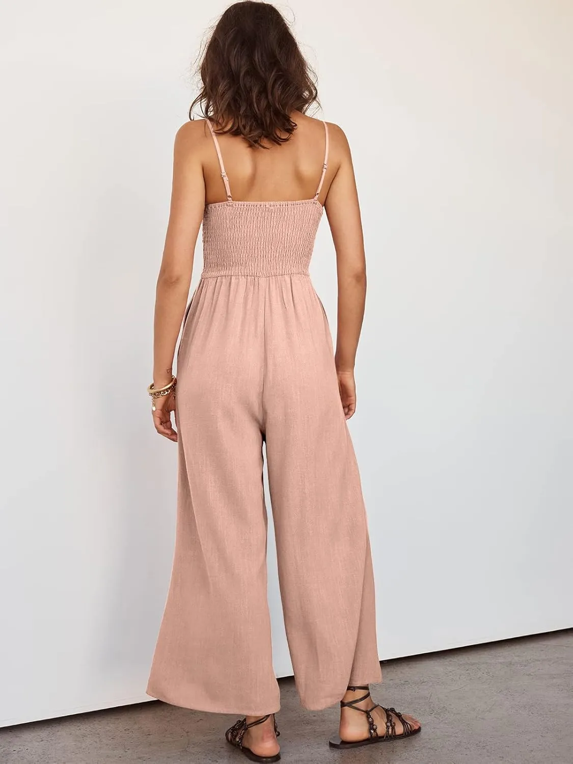 ANRABESS Womens Jumpsuit Summer Beach Vacation Romper 2025 V Neck Sleevelsee Spaghetti Strap Cutout Linen Wide Leg Clothes