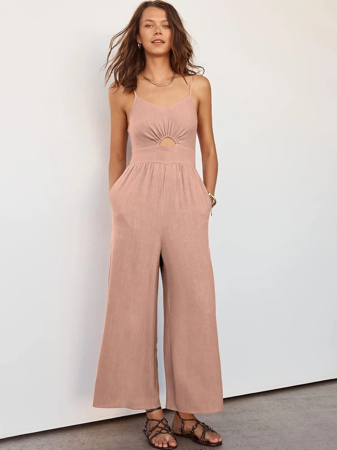 ANRABESS Womens Jumpsuit Summer Beach Vacation Romper 2025 V Neck Sleevelsee Spaghetti Strap Cutout Linen Wide Leg Clothes