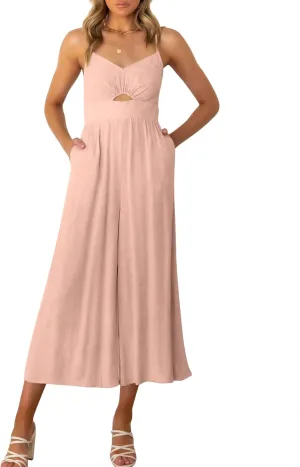 ANRABESS Womens Jumpsuit Summer Beach Vacation Romper 2025 V Neck Sleevelsee Spaghetti Strap Cutout Linen Wide Leg Clothes