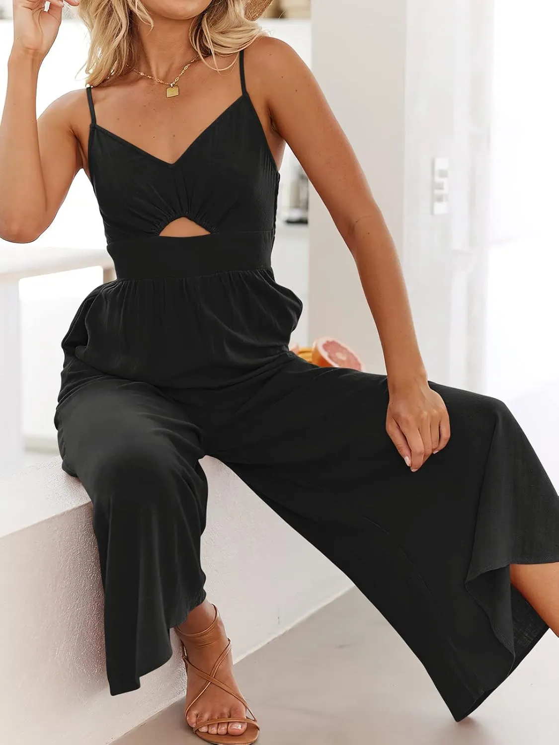 ANRABESS Womens Jumpsuit Summer Beach Vacation Romper 2025 V Neck Sleevelsee Spaghetti Strap Cutout Linen Wide Leg Clothes