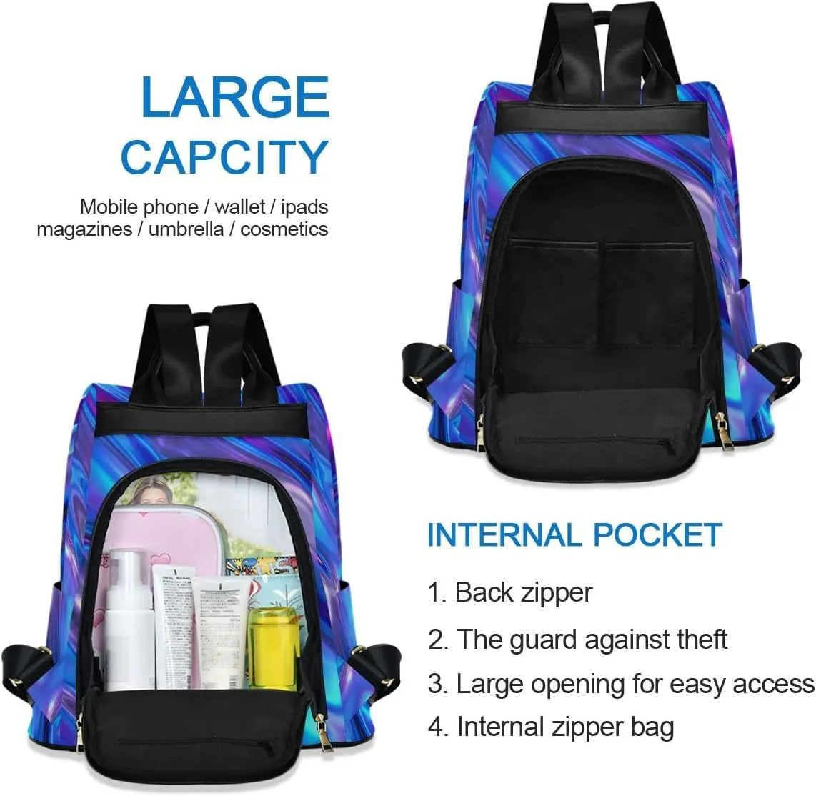 Anti Theft Backpack 3D Foil Blue Metallic Texture Liquid Women Large Fashion Travel Shoulder Bag Purse Rucksack Lightweight