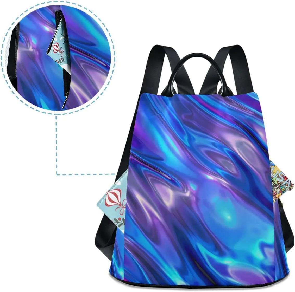 Anti Theft Backpack 3D Foil Blue Metallic Texture Liquid Women Large Fashion Travel Shoulder Bag Purse Rucksack Lightweight