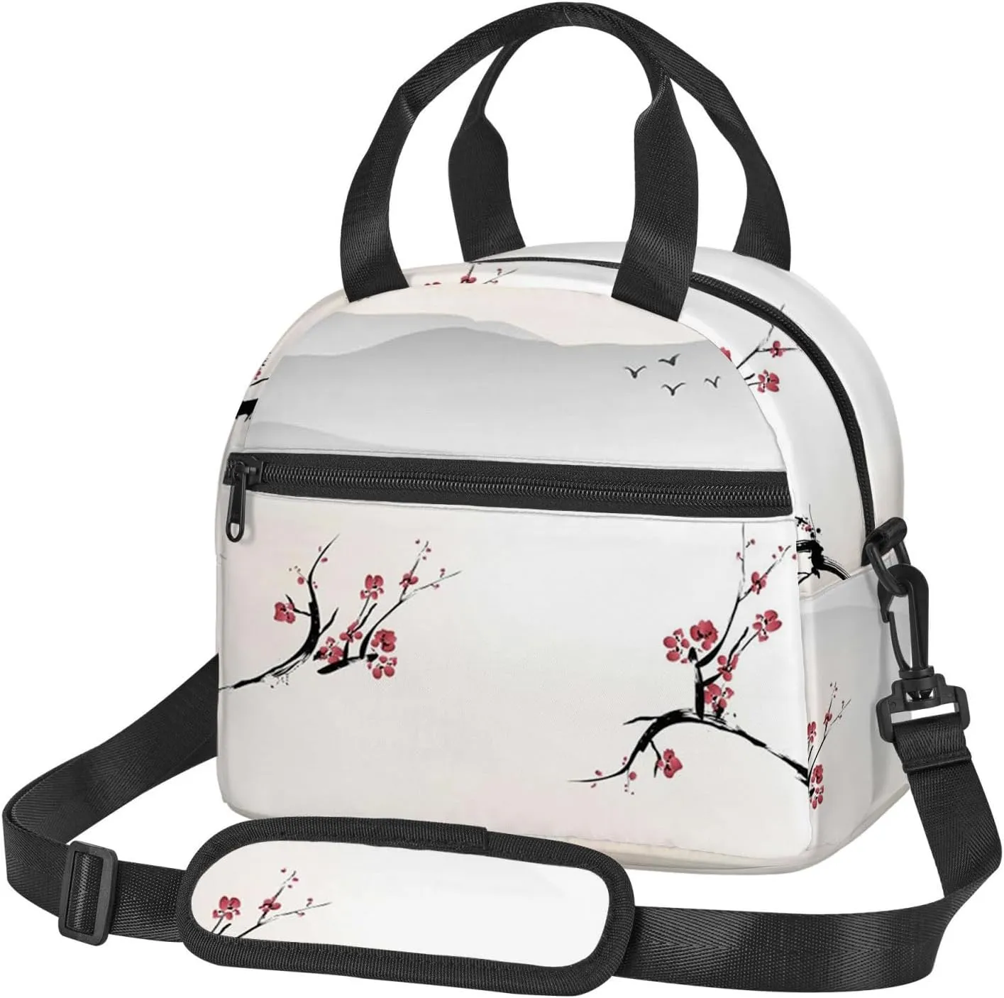 Asian Theme,Insulated Reusable Lunch Bag with Adjustable Shoulder Strap for Adults,Nature Cherry Flower Flying Gulls,Leakproof Office Picnic Hiking Beach Tote Bag,Beige Red Black,9x5x7.8in
