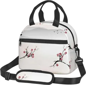 Asian Theme,Insulated Reusable Lunch Bag with Adjustable Shoulder Strap for Adults,Nature Cherry Flower Flying Gulls,Leakproof Office Picnic Hiking Beach Tote Bag,Beige Red Black,9x5x7.8in