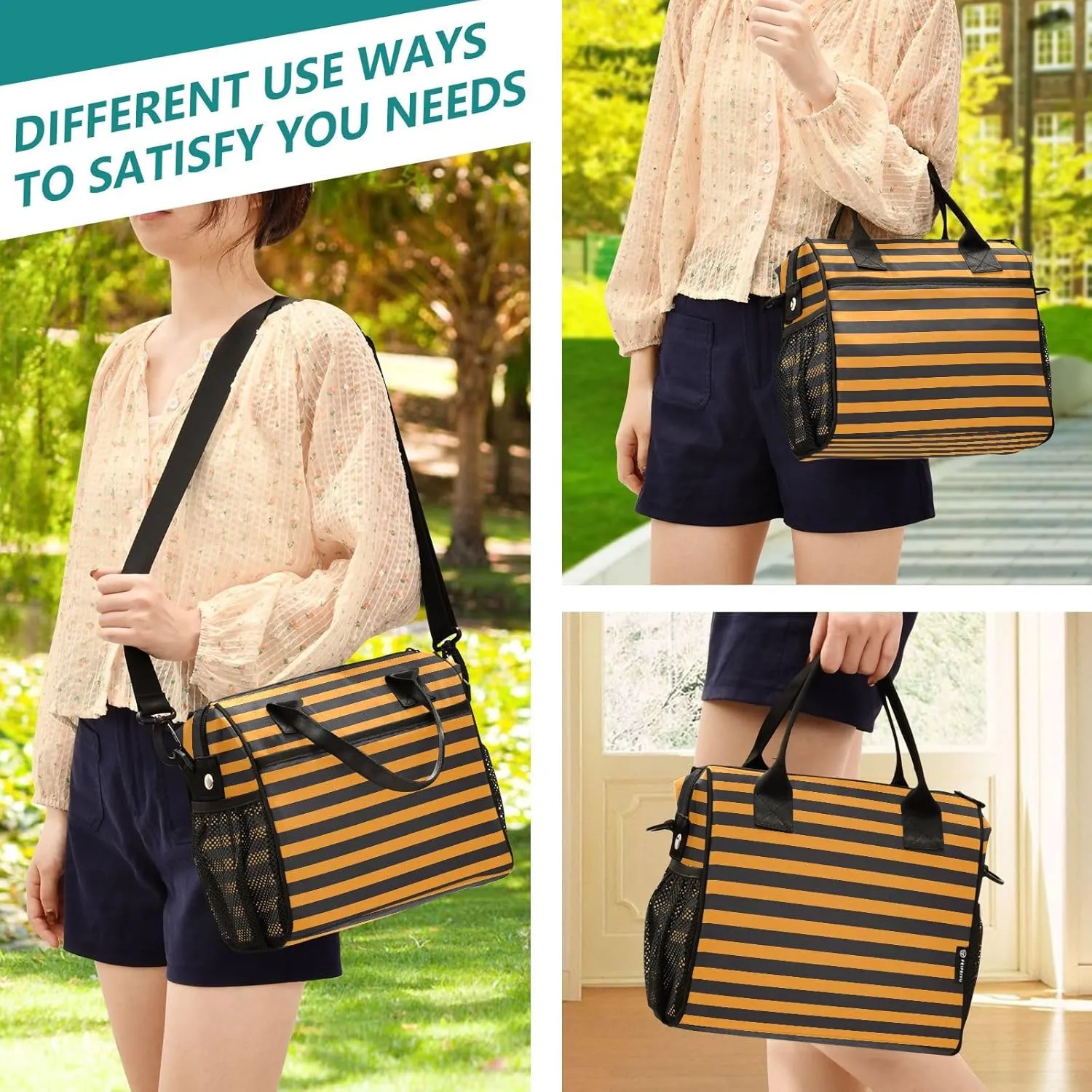 Aslsiy Equivalent Straight Lines Insulated Lunch Bag Orange Black Lunch Box for Women Lunch Tote Bag for Office Picnic S