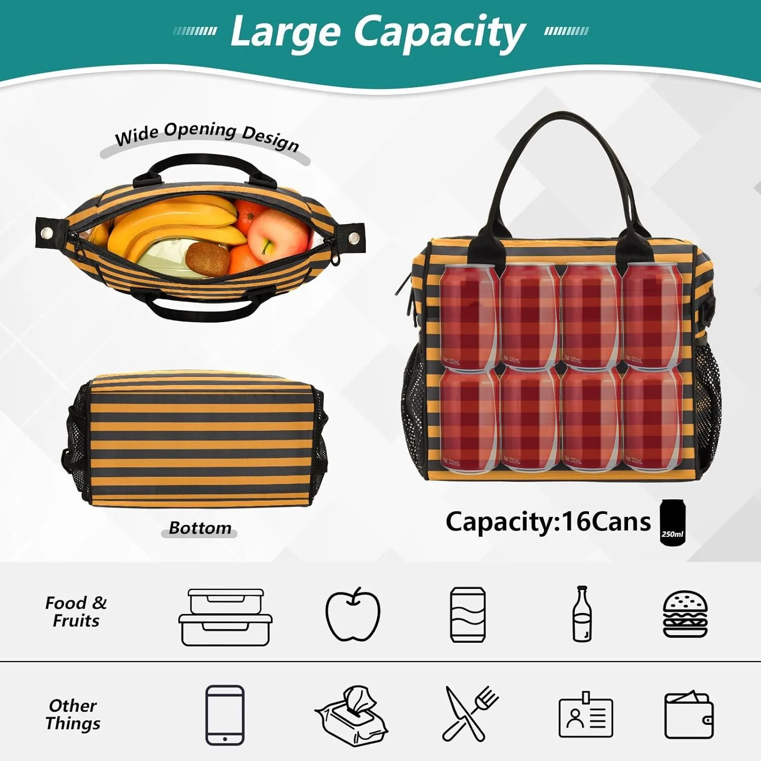 Aslsiy Equivalent Straight Lines Insulated Lunch Bag Orange Black Lunch Box for Women Lunch Tote Bag for Office Picnic S