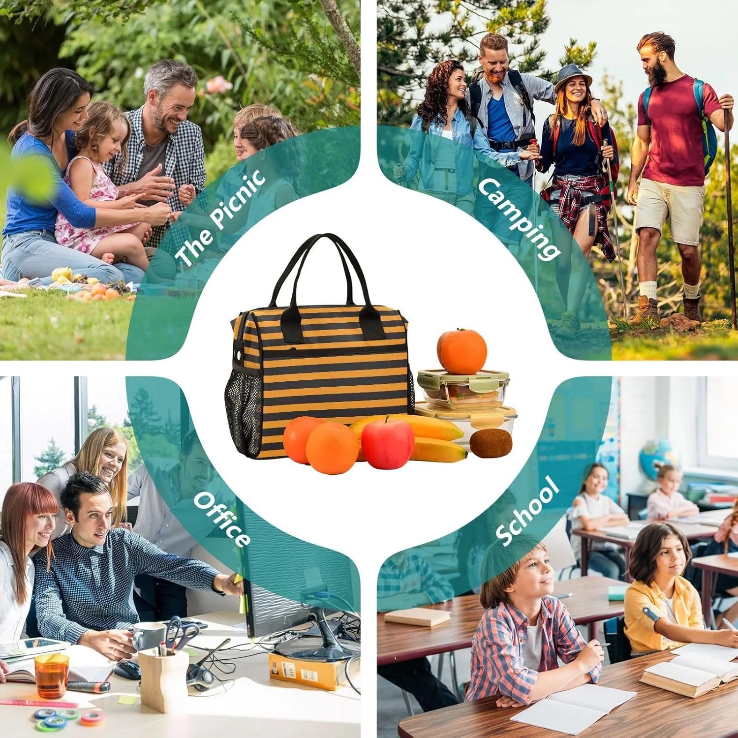 Aslsiy Equivalent Straight Lines Insulated Lunch Bag Orange Black Lunch Box for Women Lunch Tote Bag for Office Picnic S