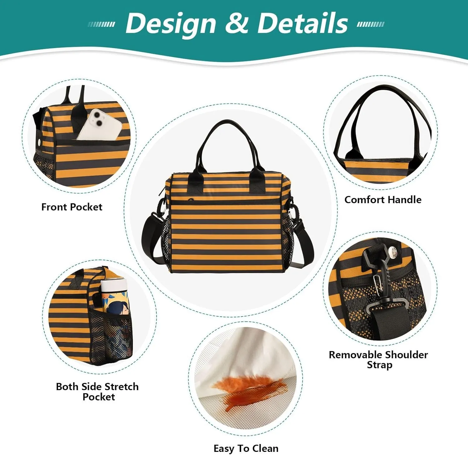 Aslsiy Equivalent Straight Lines Insulated Lunch Bag Orange Black Lunch Box for Women Lunch Tote Bag for Office Picnic S