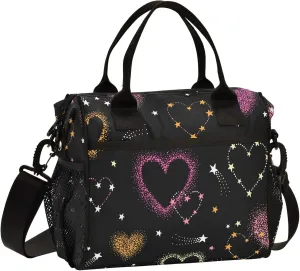 Aslsiy Lunch Bag for Women Romantic Pink Heart Comets Insulated Lunch Box Lunch Tote Bag for Office Picnic M