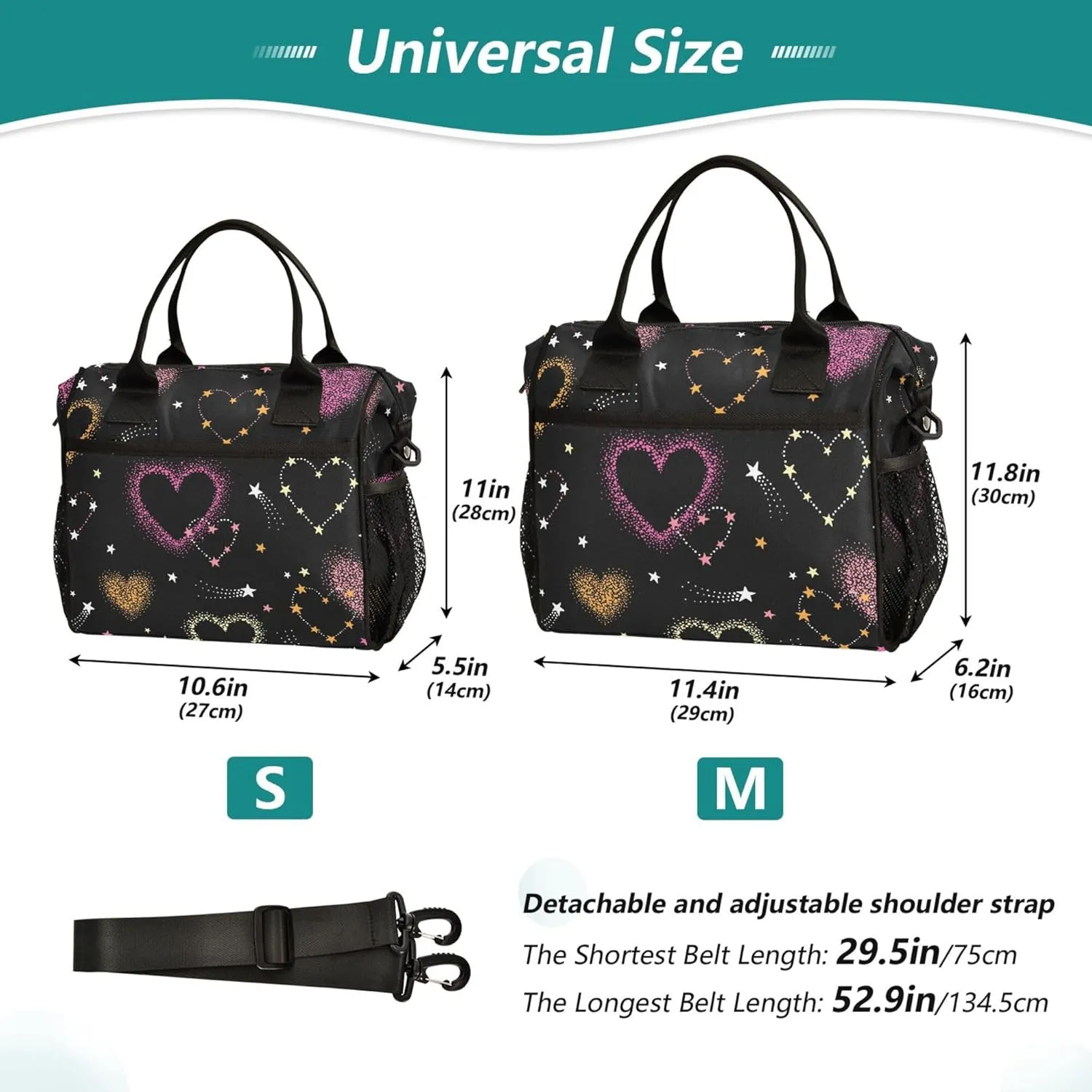 Aslsiy Lunch Bag for Women Romantic Pink Heart Comets Insulated Lunch Box Lunch Tote Bag for Office Picnic M