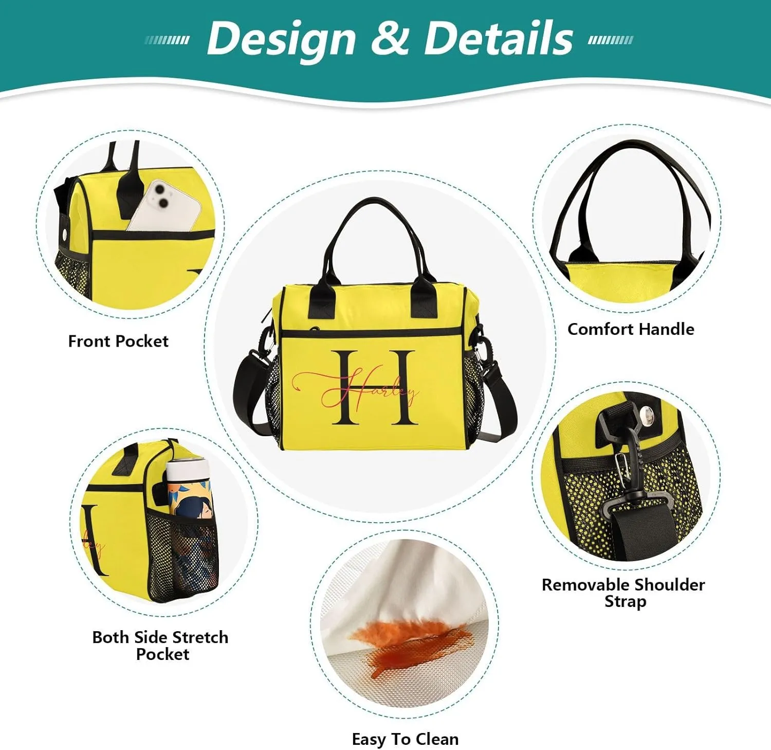 Aslsiy Personalized Lunch Bag Butter Customized Name Letter Insulated Lunch Box Gift for Women