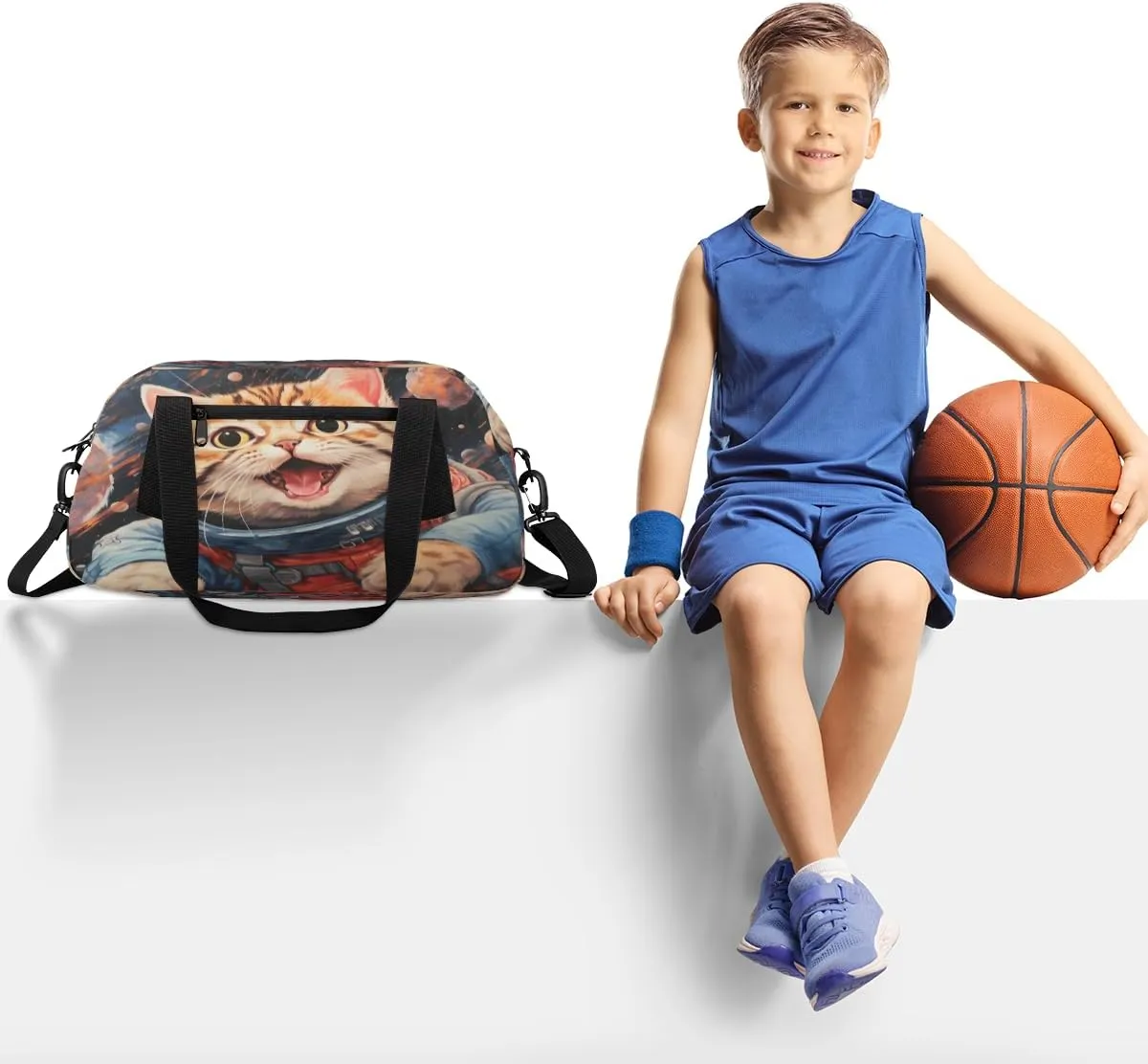 Astronaut cat Kids Duffle Bag Boys Girls Small Sport Dance Gym Bag for Overnight Travel Weekender Carry On
