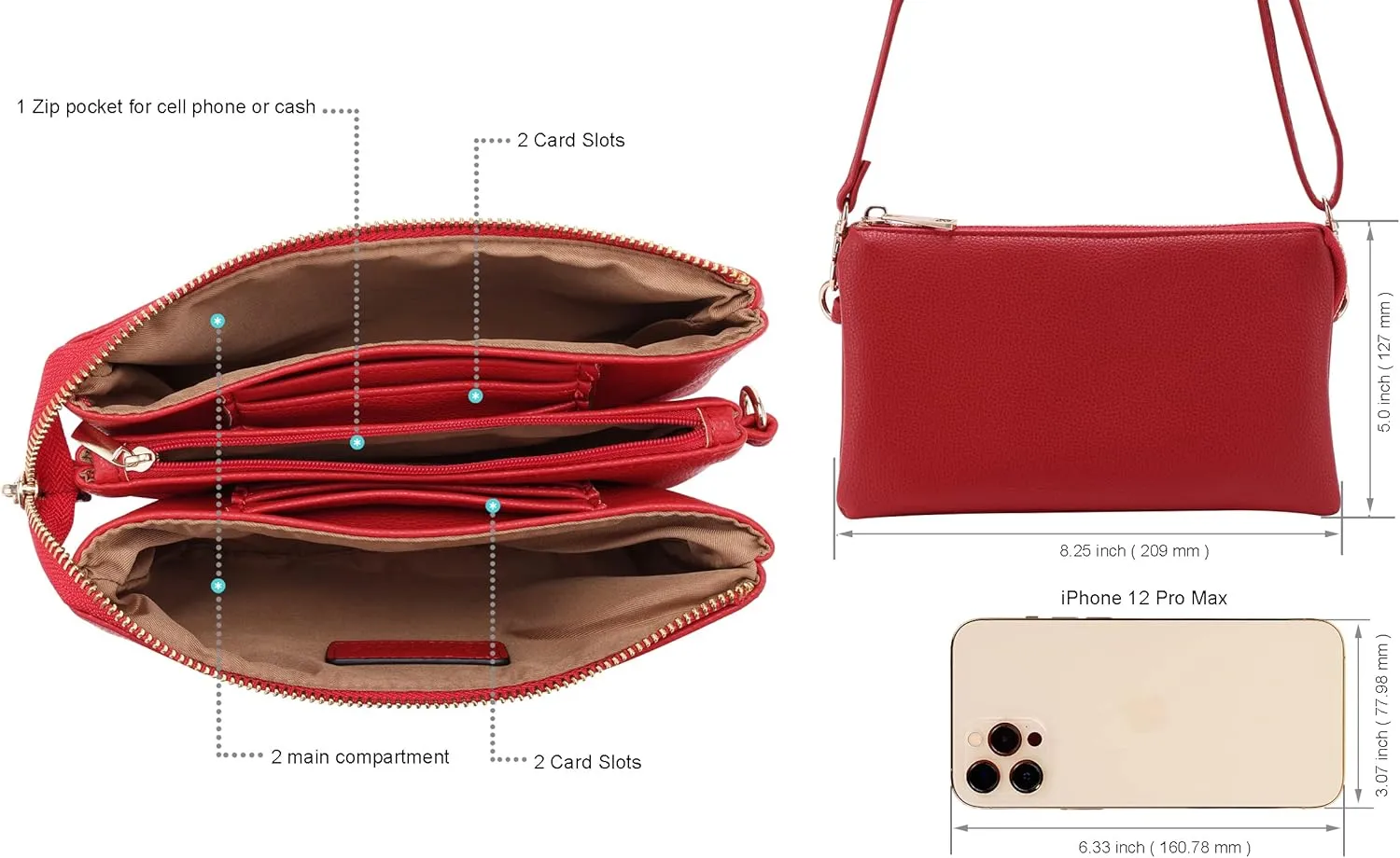 B BRENTANO Vegan Leather Multi-Pocket Crossbody Purse/Clutch with Card Slots, Removable Wristlet & Adjustable Shoulder Strap