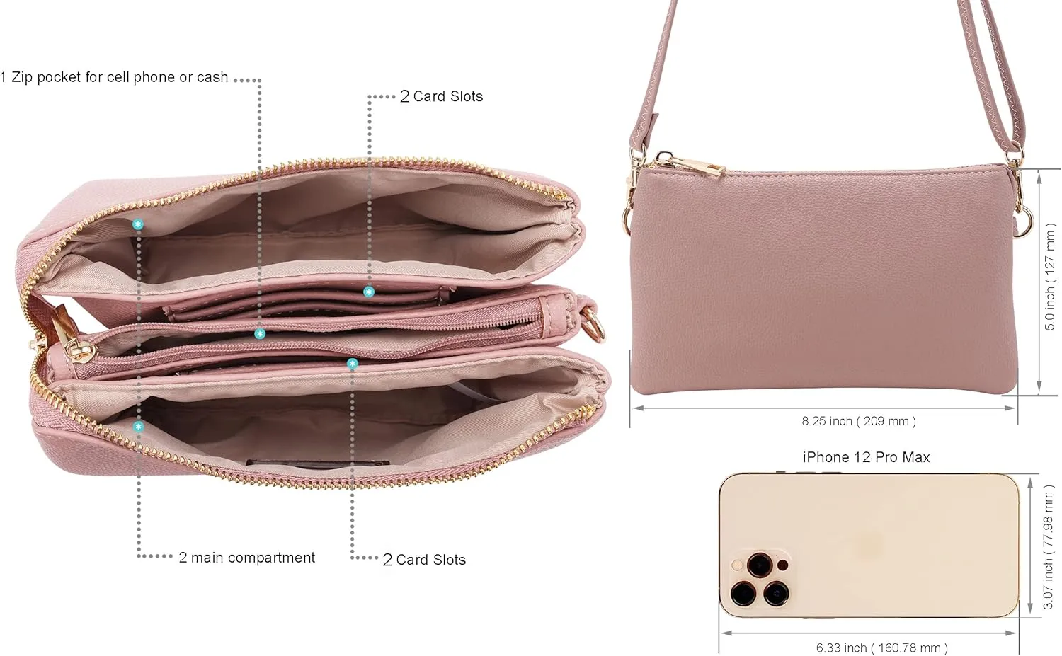 B BRENTANO Vegan Leather Multi-Pocket Crossbody Purse/Clutch with Card Slots, Removable Wristlet & Adjustable Shoulder Strap