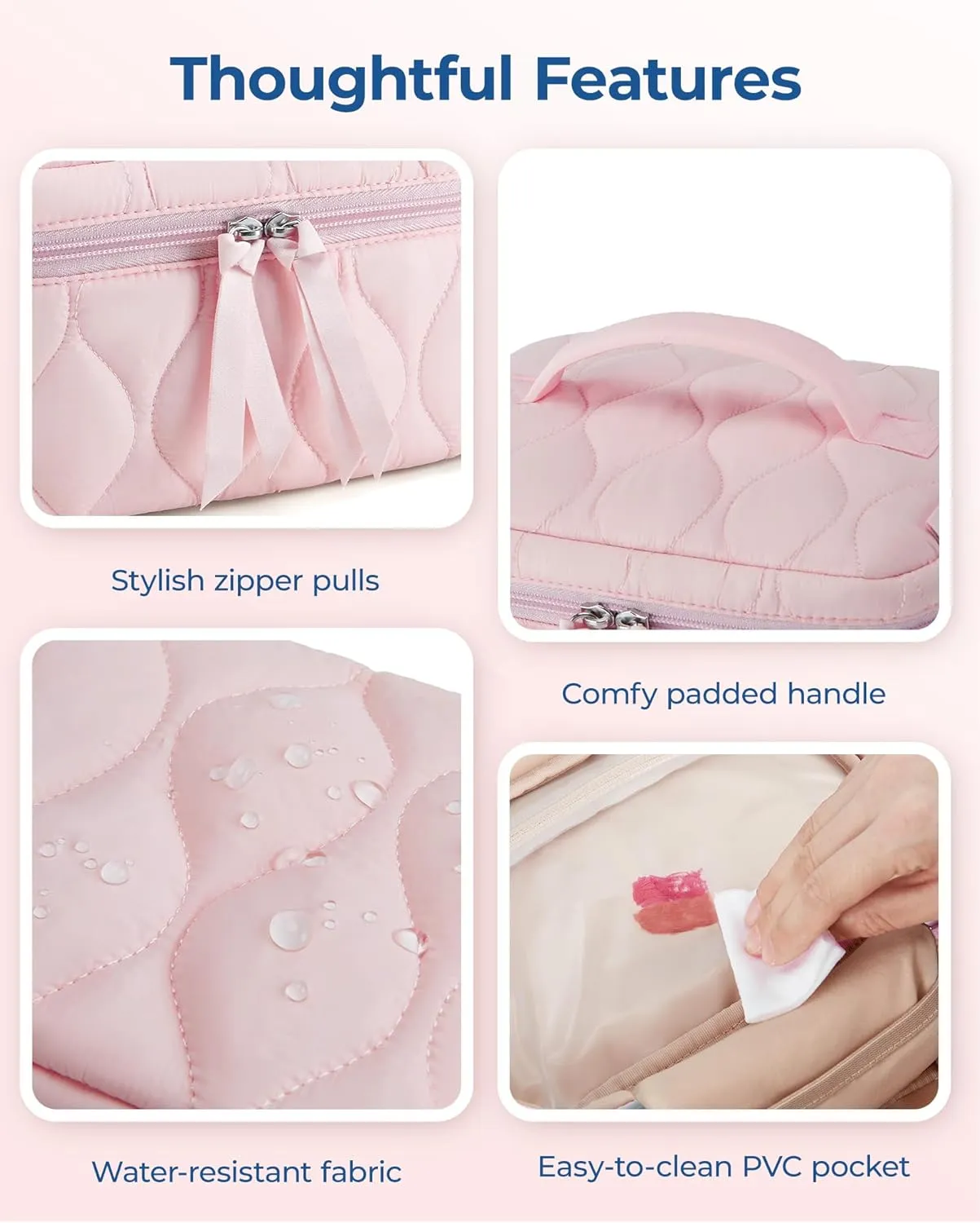 BAGSMART Travel Makeup Bag, 2-Piece Puffy Quilted Cute Make Up Bag Cosmetic Bags for Women, Large Wide-Open Toiletry Pouch Gifts for Toiletries Accessories Travelling Essentials, Black