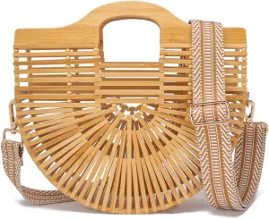Bamboo Purses for Women Elegant Natural Bamboo Clutch Small Tote Chic Shoulder Bag for Vacation Wedding Travel