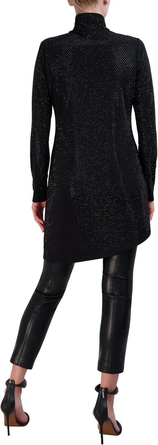 BCBGMAXAZRIA Women's Pullover Long Sleeve Crew Neck Studded Cut Out Tunic Top