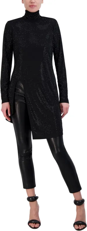 BCBGMAXAZRIA Women's Pullover Long Sleeve Crew Neck Studded Cut Out Tunic Top