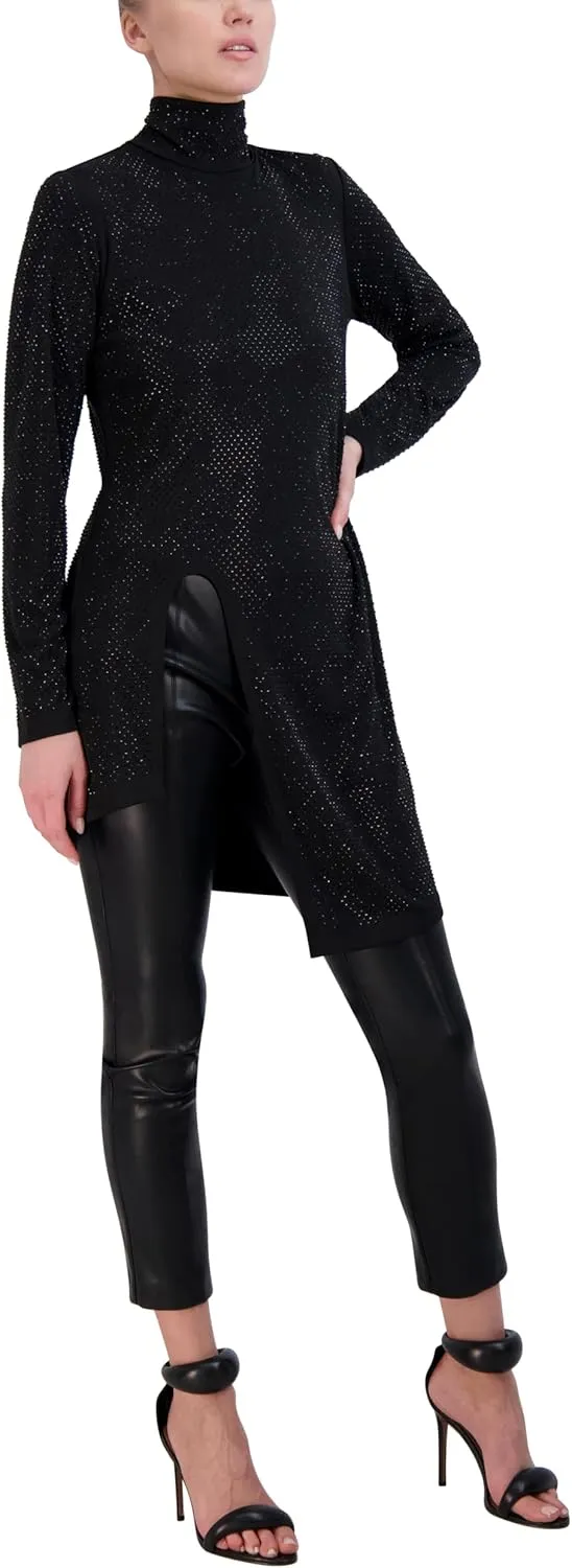 BCBGMAXAZRIA Women's Pullover Long Sleeve Crew Neck Studded Cut Out Tunic Top