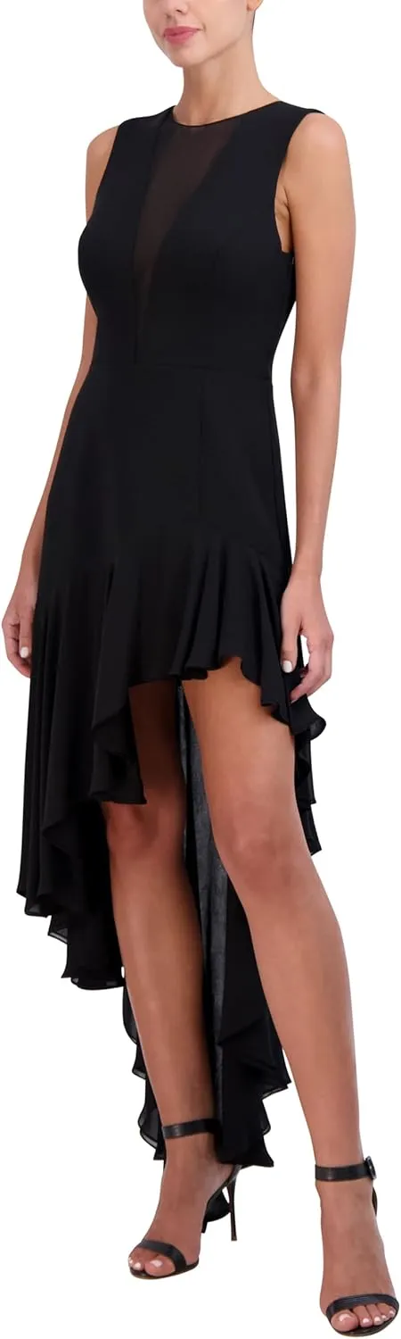 BCBGMAXAZRIA Women's Sleeveless Illusion Neck High Low Evening Dress
