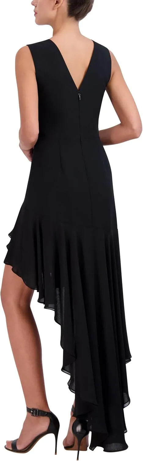 BCBGMAXAZRIA Women's Sleeveless Illusion Neck High Low Evening Dress