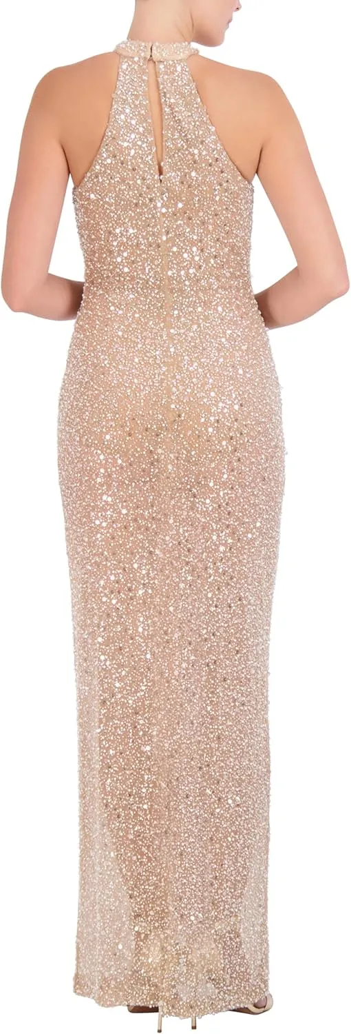 BCBGMAXAZRIA Women's Sleeveless Mock Neck Beaded Mesh Maxi Gown