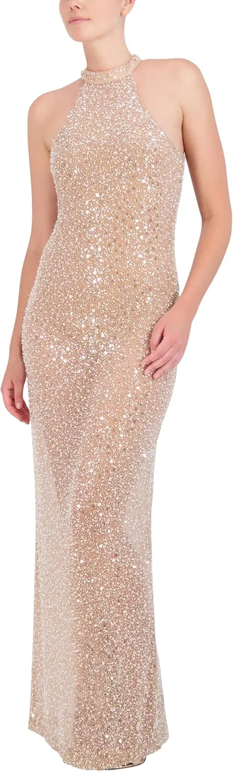 BCBGMAXAZRIA Women's Sleeveless Mock Neck Beaded Mesh Maxi Gown