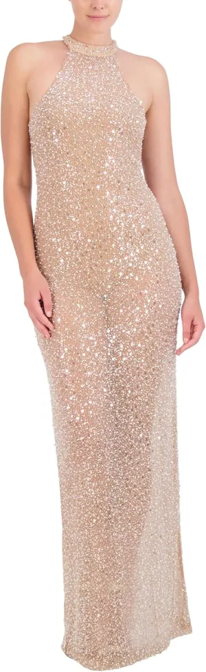 BCBGMAXAZRIA Women's Sleeveless Mock Neck Beaded Mesh Maxi Gown