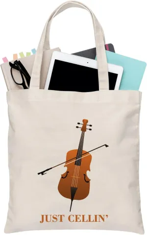 BDPWSS Cello Music Tote Bag 'Just Cellin' - Funny Cellist Orchestra Musician Reusable Handbag - Gift for Cello Player