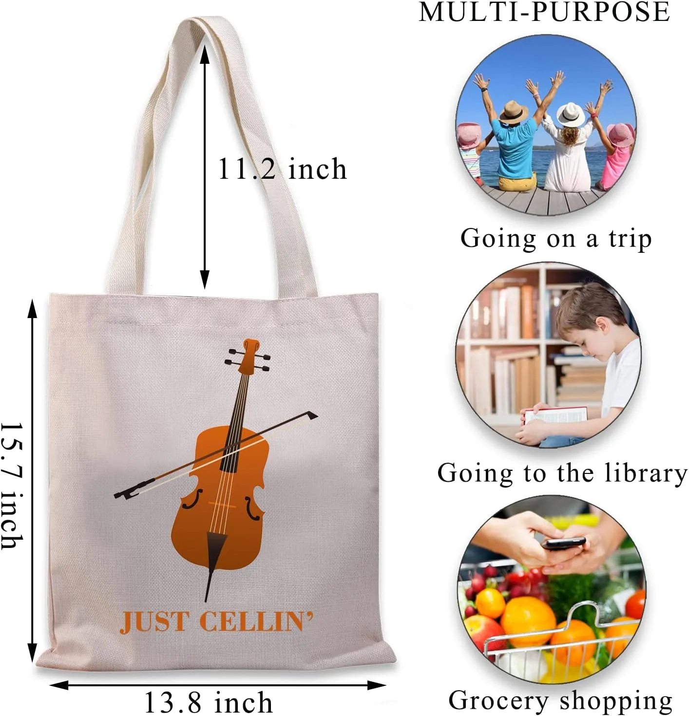 BDPWSS Cello Music Tote Bag 'Just Cellin' - Funny Cellist Orchestra Musician Reusable Handbag - Gift for Cello Player