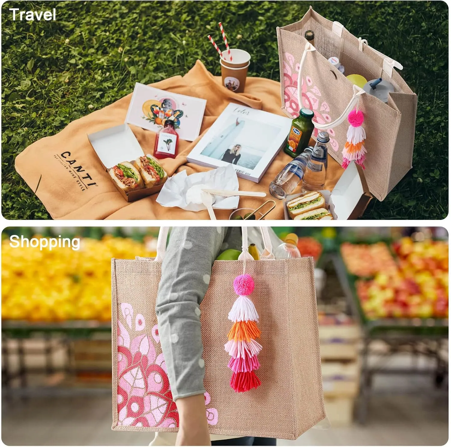 Beach Bag for Women, Straw Beach Tote Bag with Pocket Tassel Handle Waterproof Lining, for Summer Vacation Pool Gift