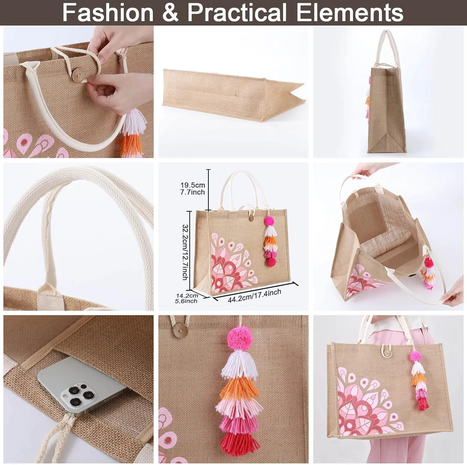Beach Bag for Women, Straw Beach Tote Bag with Pocket Tassel Handle Waterproof Lining, for Summer Vacation Pool Gift