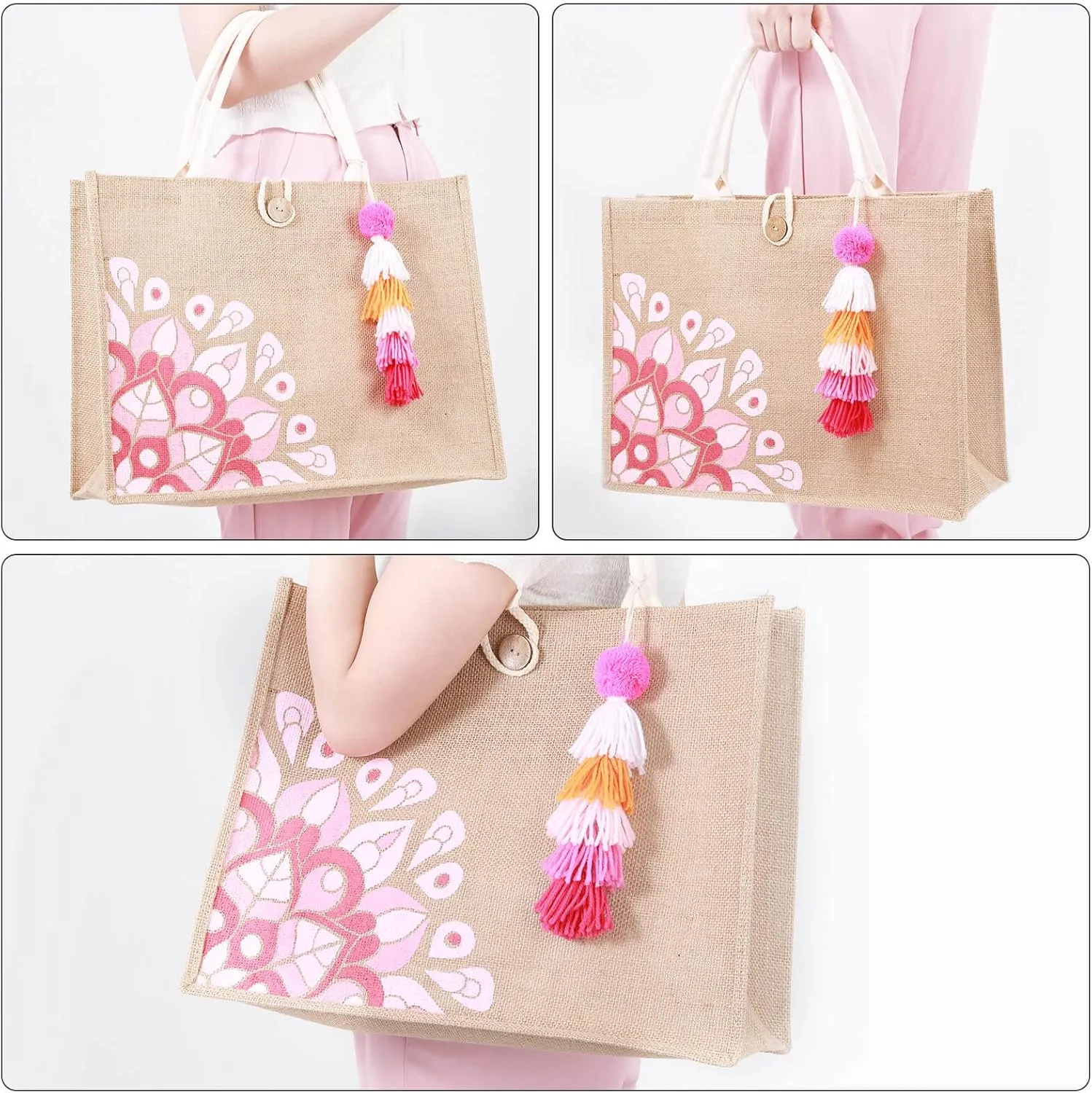 Beach Bag for Women, Straw Beach Tote Bag with Pocket Tassel Handle Waterproof Lining, for Summer Vacation Pool Gift