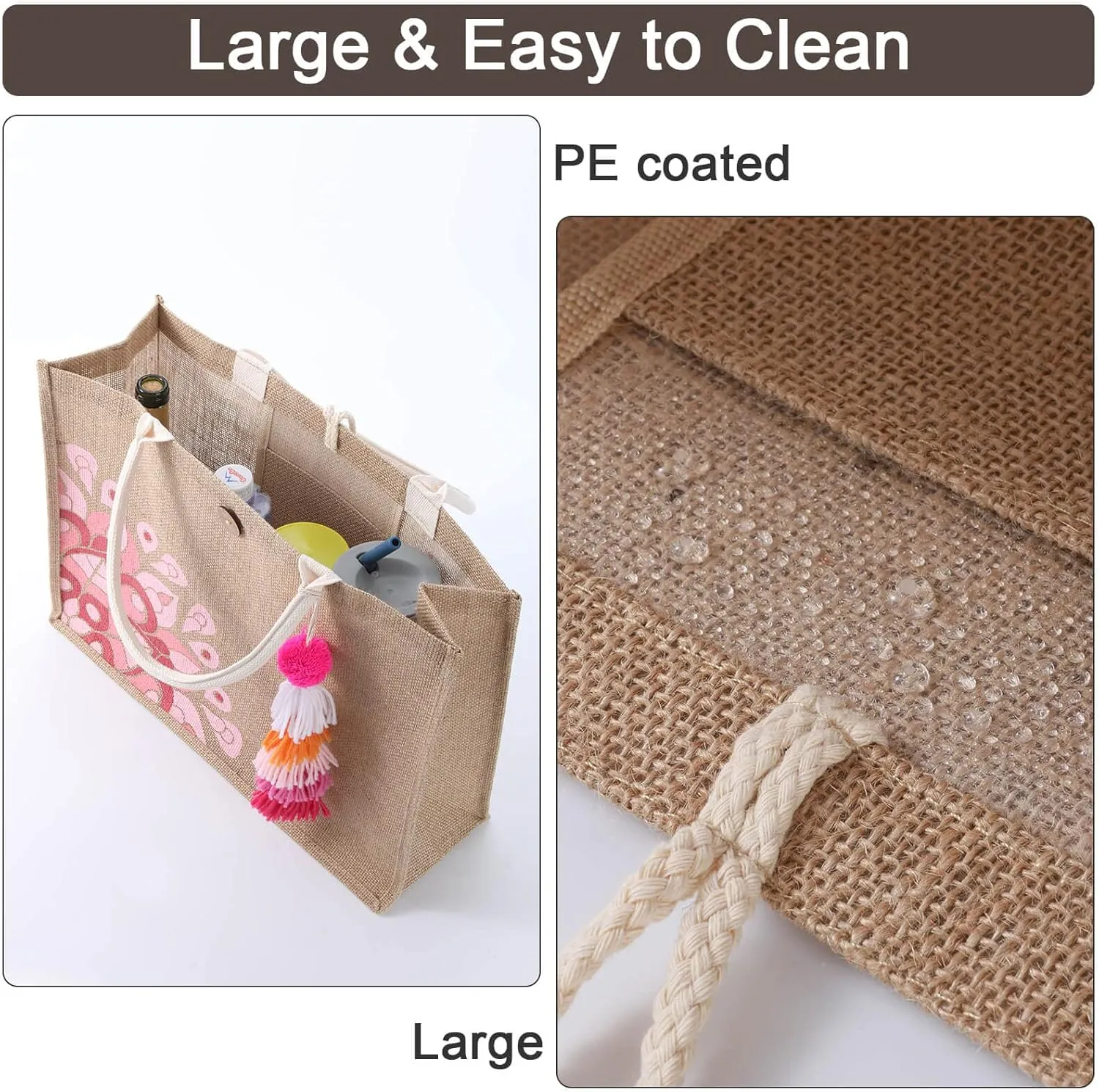 Beach Bag for Women, Straw Beach Tote Bag with Pocket Tassel Handle Waterproof Lining, for Summer Vacation Pool Gift