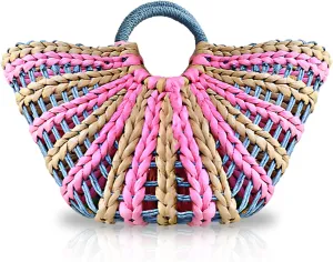 Beach Bag for Women, Summer Straw Bag, Handwoven Half Circle Color Handbag, Cutout Design with Unlined, Large Handbag Bag Suitable for Travel Work Party (Purple)