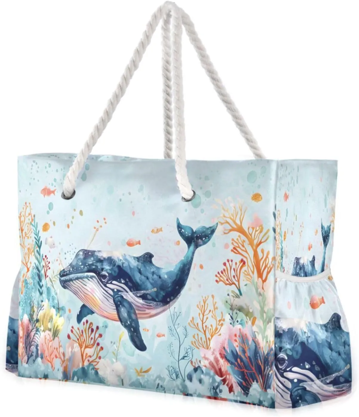 Beach Bag - Large Tote Bags for Women Whale Blue Coral Seaweed Fish Shoulder Bags Zipper Waterproof Sandproof for Travel Gym Swim Daily