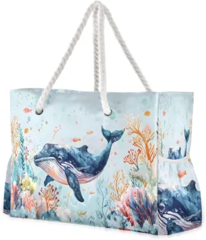 Beach Bag - Large Tote Bags for Women Whale Blue Coral Seaweed Fish Shoulder Bags Zipper Waterproof Sandproof for Travel Gym Swim Daily