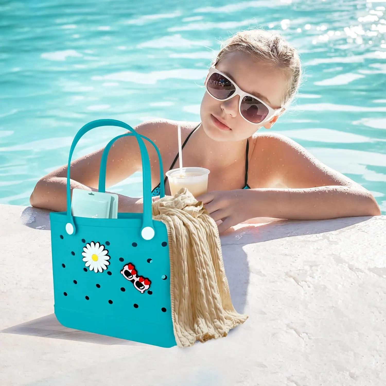 Beach Bag Rubber Tote Bag - Extra Large Handbag with Charms Waterproof Lightweight Travel Purses for Pool Boat