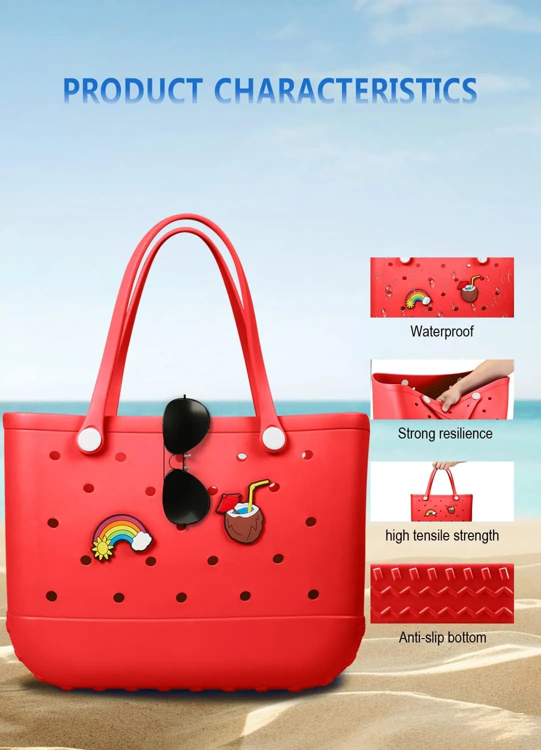 Beach Bag Rubber Tote Bag - Waterproof Travel Bag for Women Washable Tote Bag Handbag for Sports Beach Market Pool