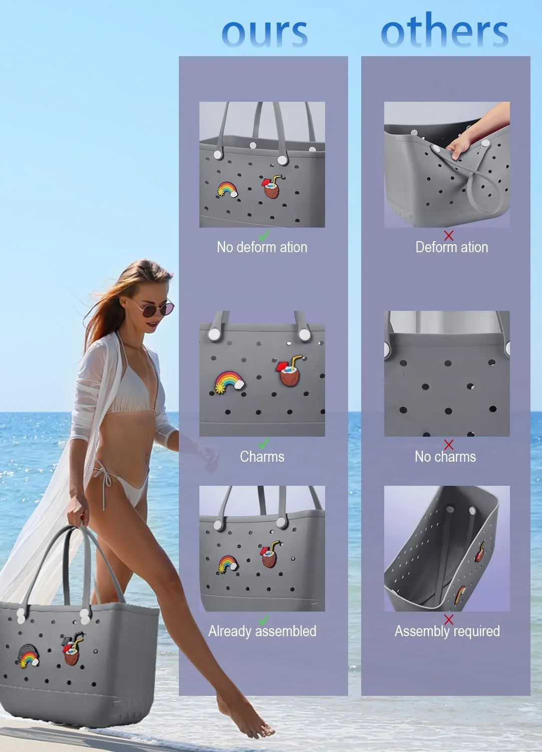 Beach Bag Rubber Tote Bag - Waterproof Travel Bag for Women Washable Tote Bag Handbag for Sports Beach Market Pool