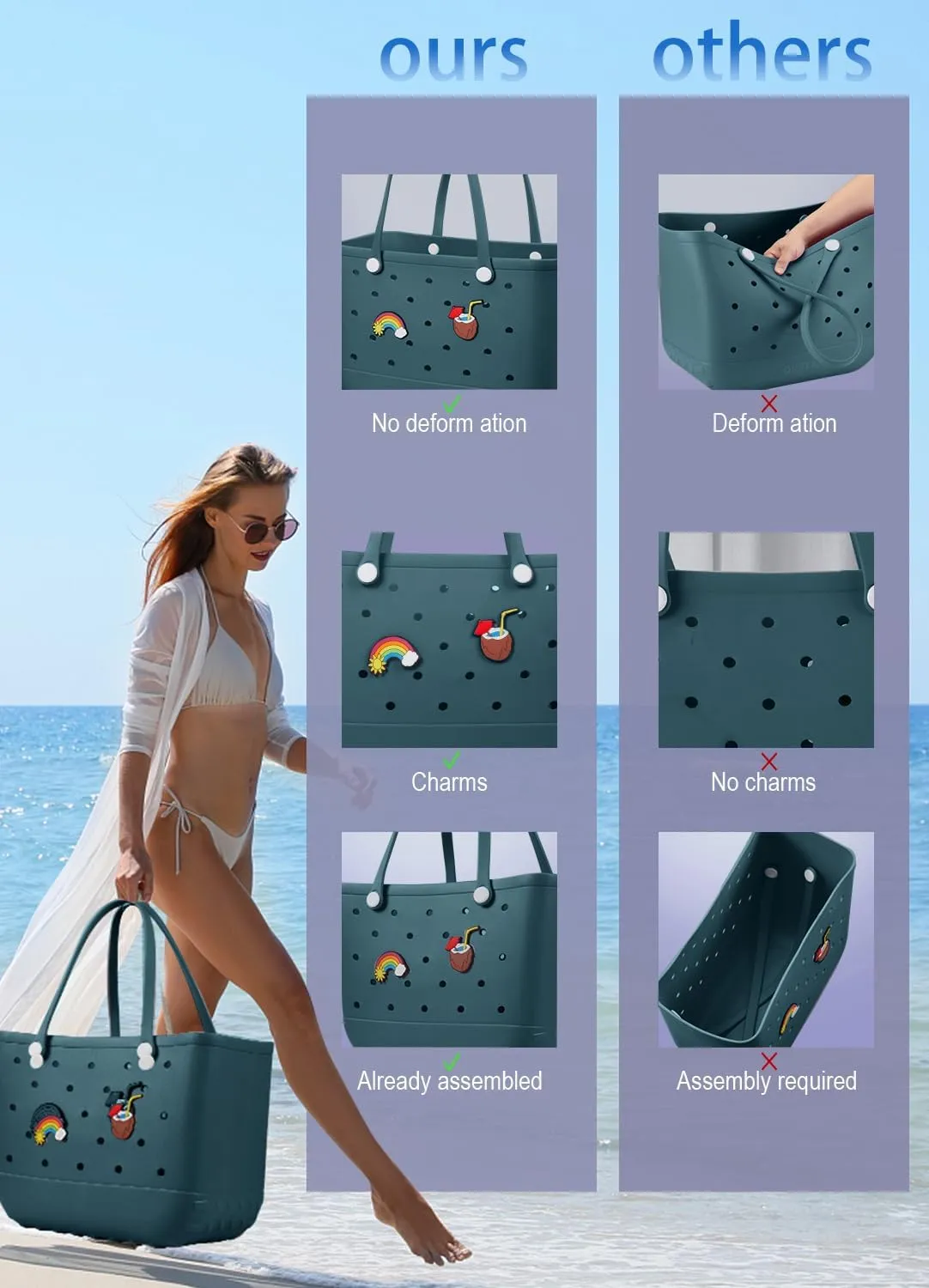 Beach Bag Rubber Tote Bag - Waterproof Travel Bag for Women Washable Tote Bag Handbag for Sports Beach Market Pool