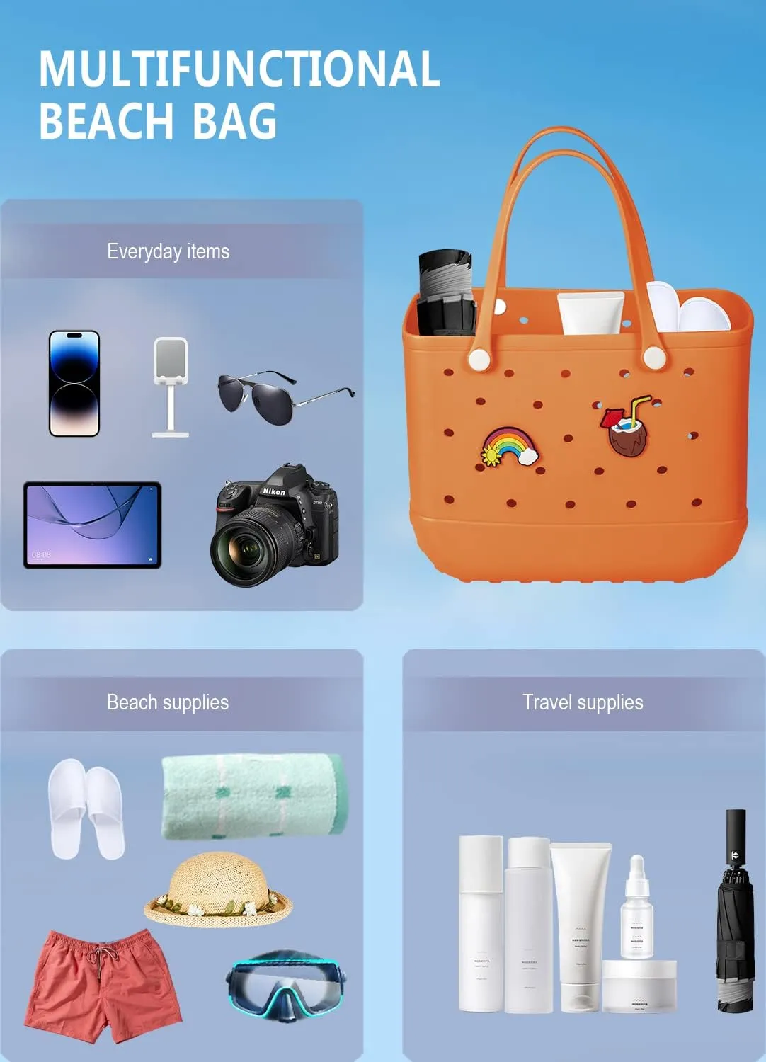 Beach Bag Rubber Tote Bag - Waterproof Travel Bag for Women Washable Tote Bag Handbag for Sports Beach Market Pool