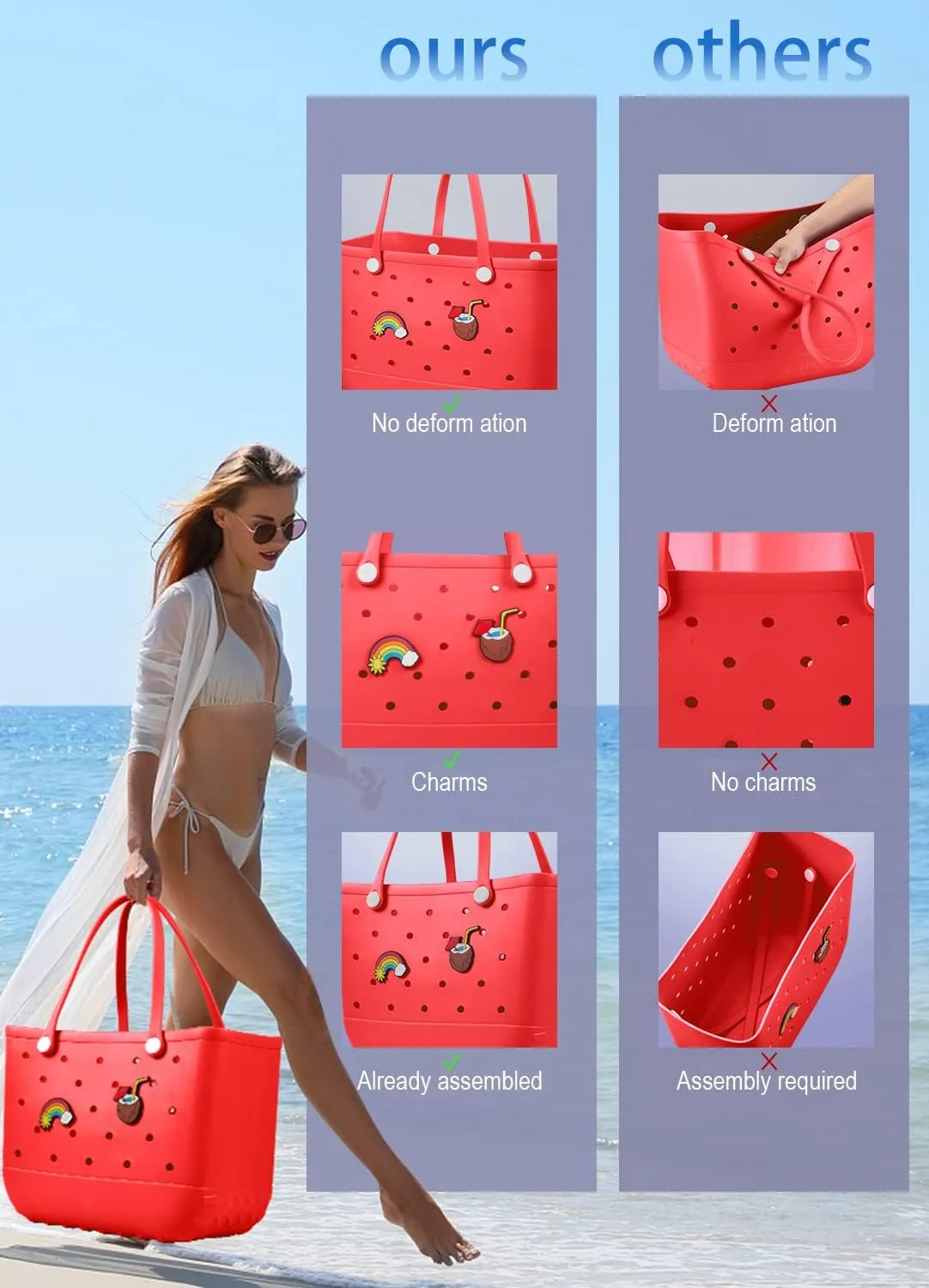Beach Bag Rubber Tote Bag - Waterproof Travel Bag for Women Washable Tote Bag Handbag for Sports Beach Market Pool